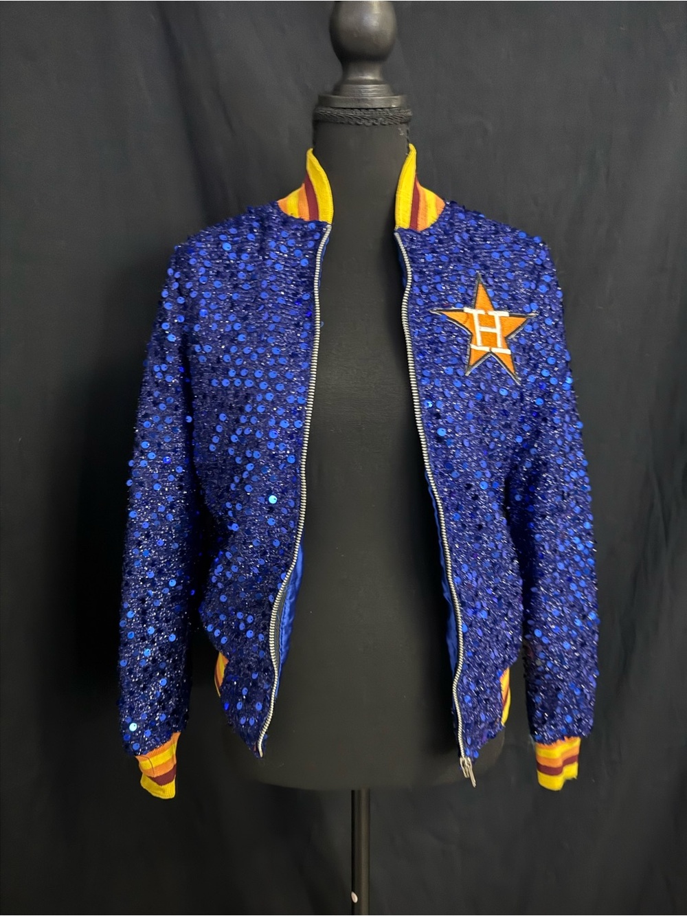 Blue Sequin Bomber Jacket with Yellow Star Patch